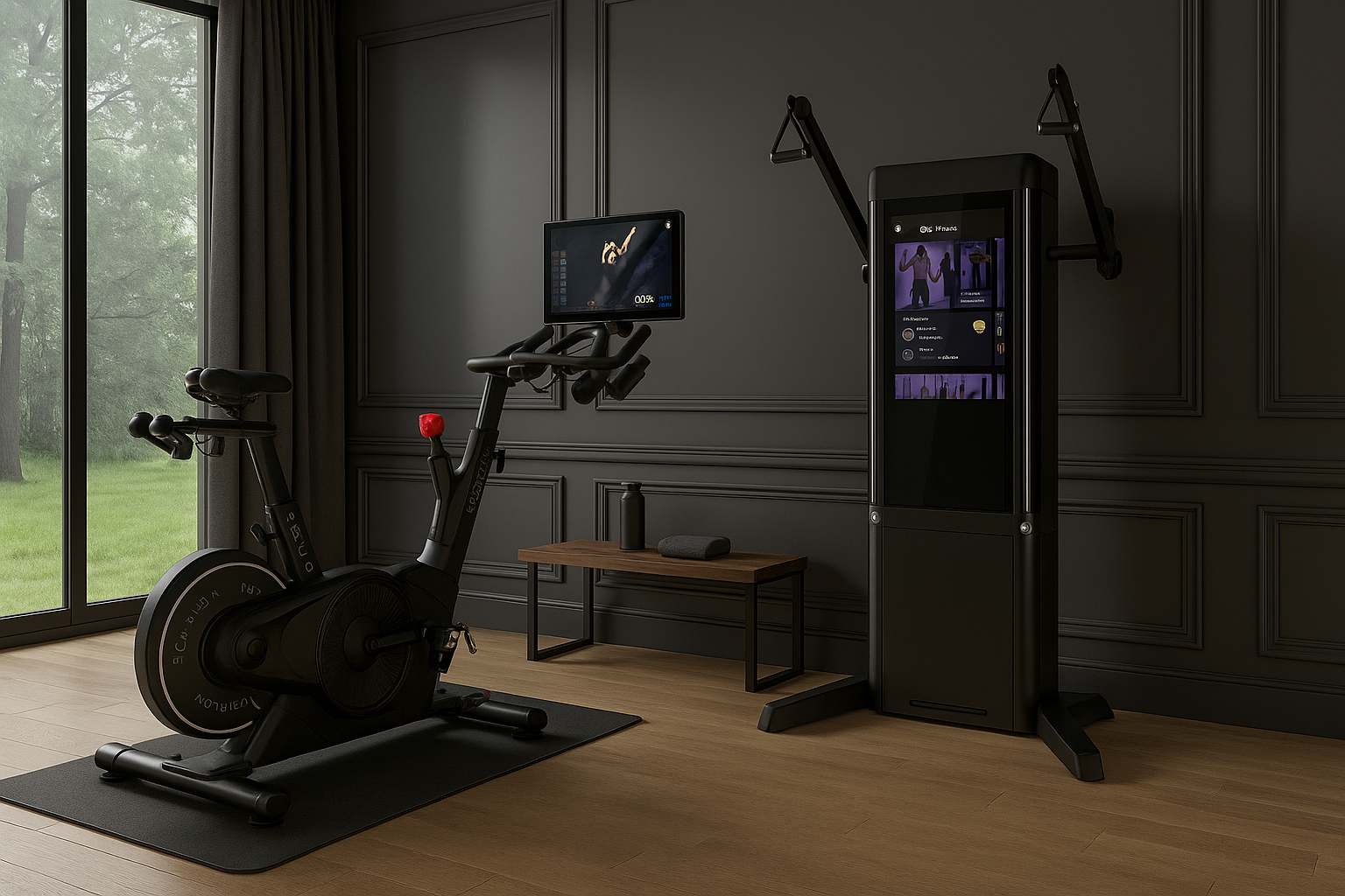 Home gym setup with stationary bike and interactive screen in a room with large windows.