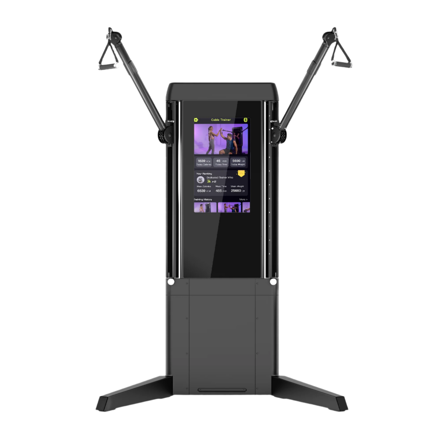 A freestanding Echelon Strength Pro resistance training machine with a 24-inch touchscreen display and adjustable arms for various exercises. The machine is black and has a compact design suitable for gym or home use.