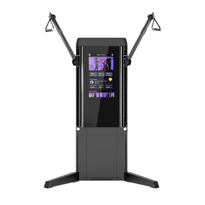 A freestanding Echelon Strength Pro resistance training machine with a 24-inch touchscreen display and adjustable arms for various exercises. The machine is black and has a compact design suitable for gym or home use.